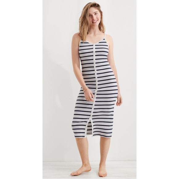 aerie Dresses & Skirts - Aerie Ribbed Striped Button Front Midi Dress - L - NWOT!
